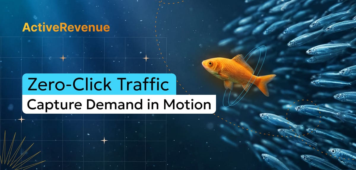 Conceptual banner showing zero-click traffic and domain redirect strategy, with one orange fish changing direction from a moving school