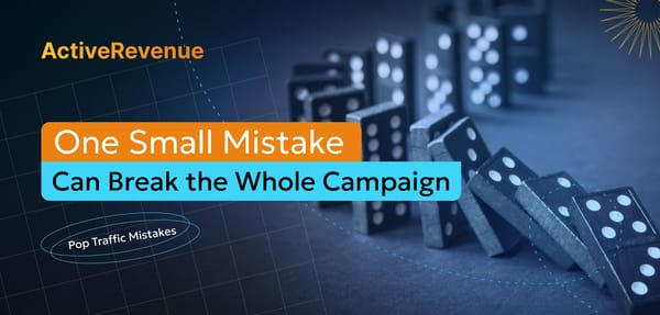Domino tiles falling in a chain reaction symbolizing common pop traffic mistakes in affiliate campaigns